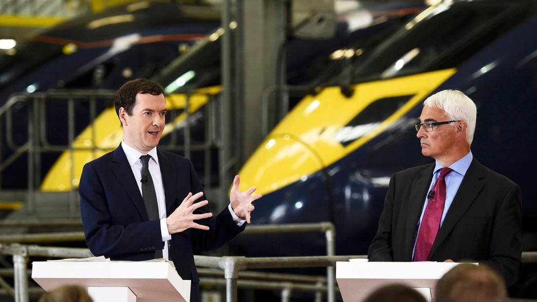 Former chancellors George Osborne (left) and Alistair Darling at a pro-Remain event at the Hitachi Rail Europe plant in Ashford, Kent, in 2016.
