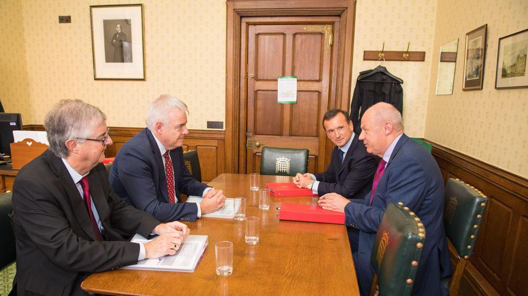 First Secretary of State Damian Green (right) meets with (from left to right) Welsh Cabinet Secretary for Finance and Local Government Mark Drakeford, First Minister of Wales Carwyn Jones and Welsh Secretary Alun Cairns, at the Houses of Parliament, Westminster, London, as part of the ongoing talks that the First Secretary State is having with the devolved administrations on the subject of Brexit.