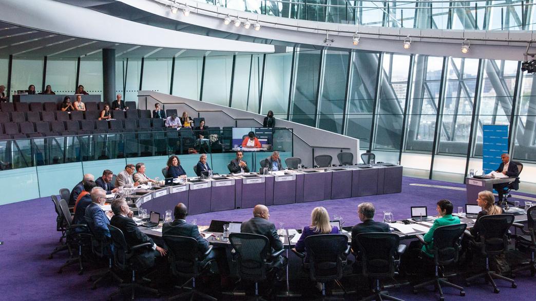 London Assembly Members listen to Mayor of London Sadiq Khan responding to questions during Mayor's Question Time at City Hall. 