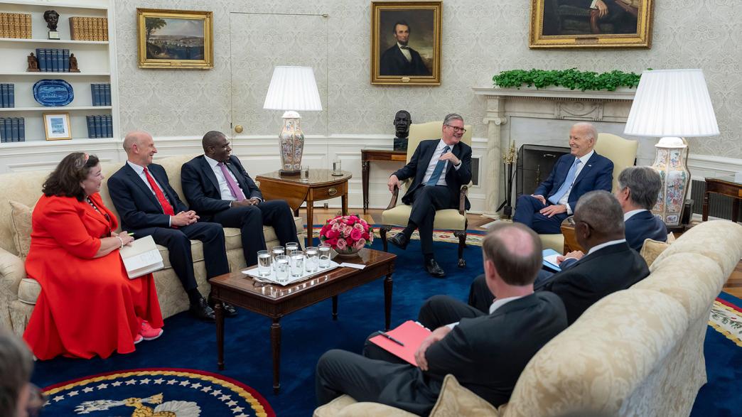 U.S President Joe Biden, right, during a bilateral meeting with British Prime Minister Keir Starmer, center, on the sidelines of the 75th anniversary NATO Summit