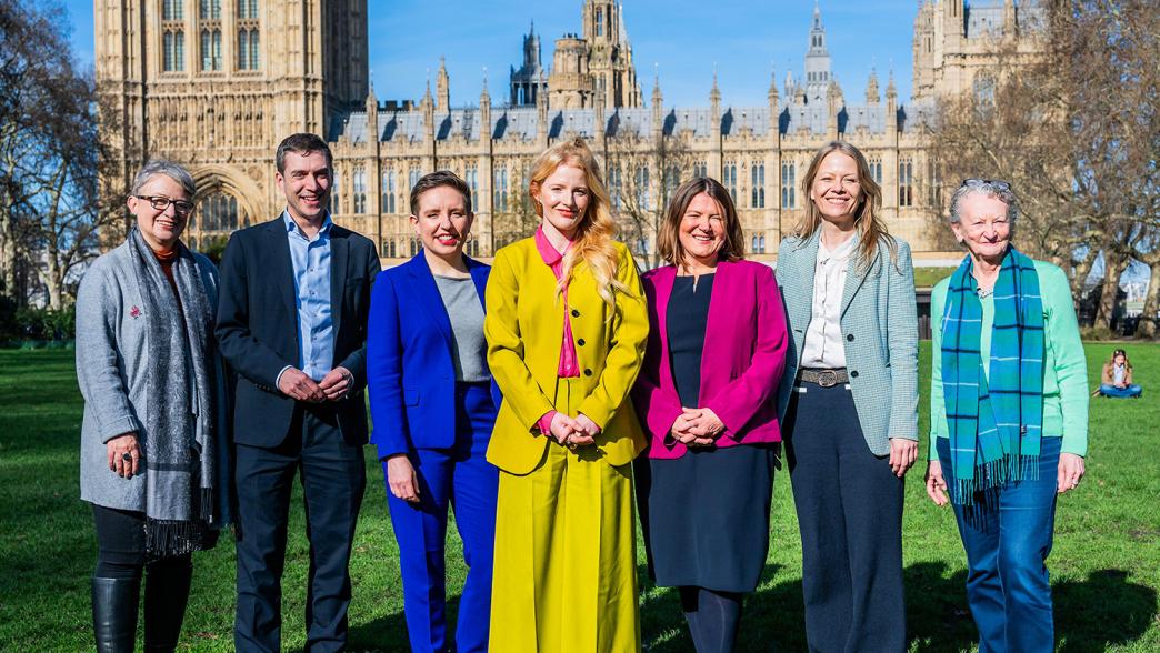 Hannah Spencer MP (pictured with Dame Natalie Bennett, Adrian Ramsay MP, Waveney Valley, Carla Denyer MP, Bristol Central, Ellie Chowns MP, North Herefordshire, Si&acirc;n Berry MP, Brighton Pavilion and DameJenny Jones), Gorton & Denton, is welcomed to the Houses of Parliament by her fellow Green Party MP's, and Members of the House of Lords, on her first day in the house after her by-election win. 